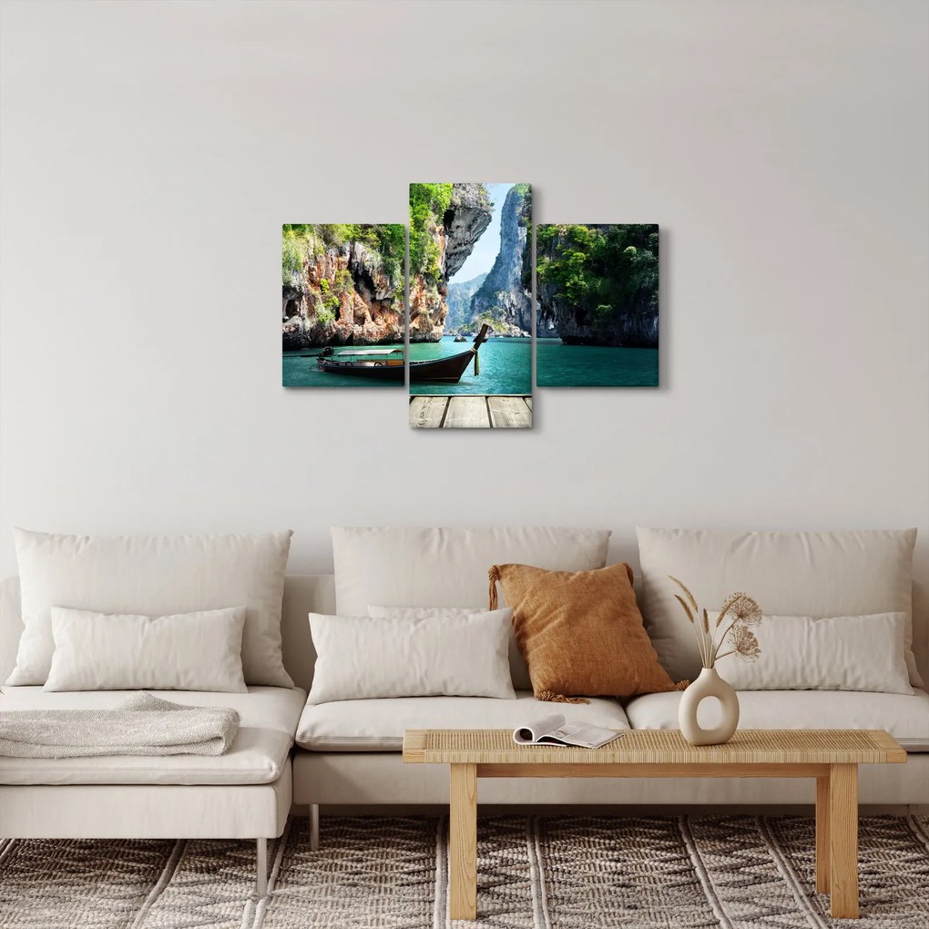 Tablou - Apă peisaj mediteranean cu barca (90x60 cm)