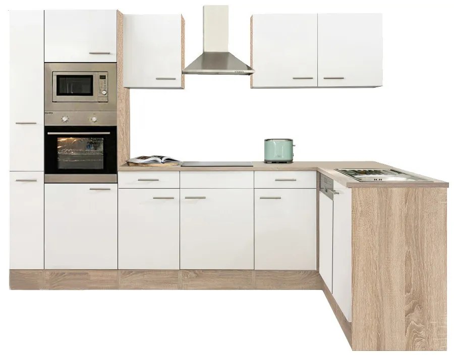 Mobilă de bucătărie de colț Yorki 310, corp din stejar Sonoma, cu față alb satinat