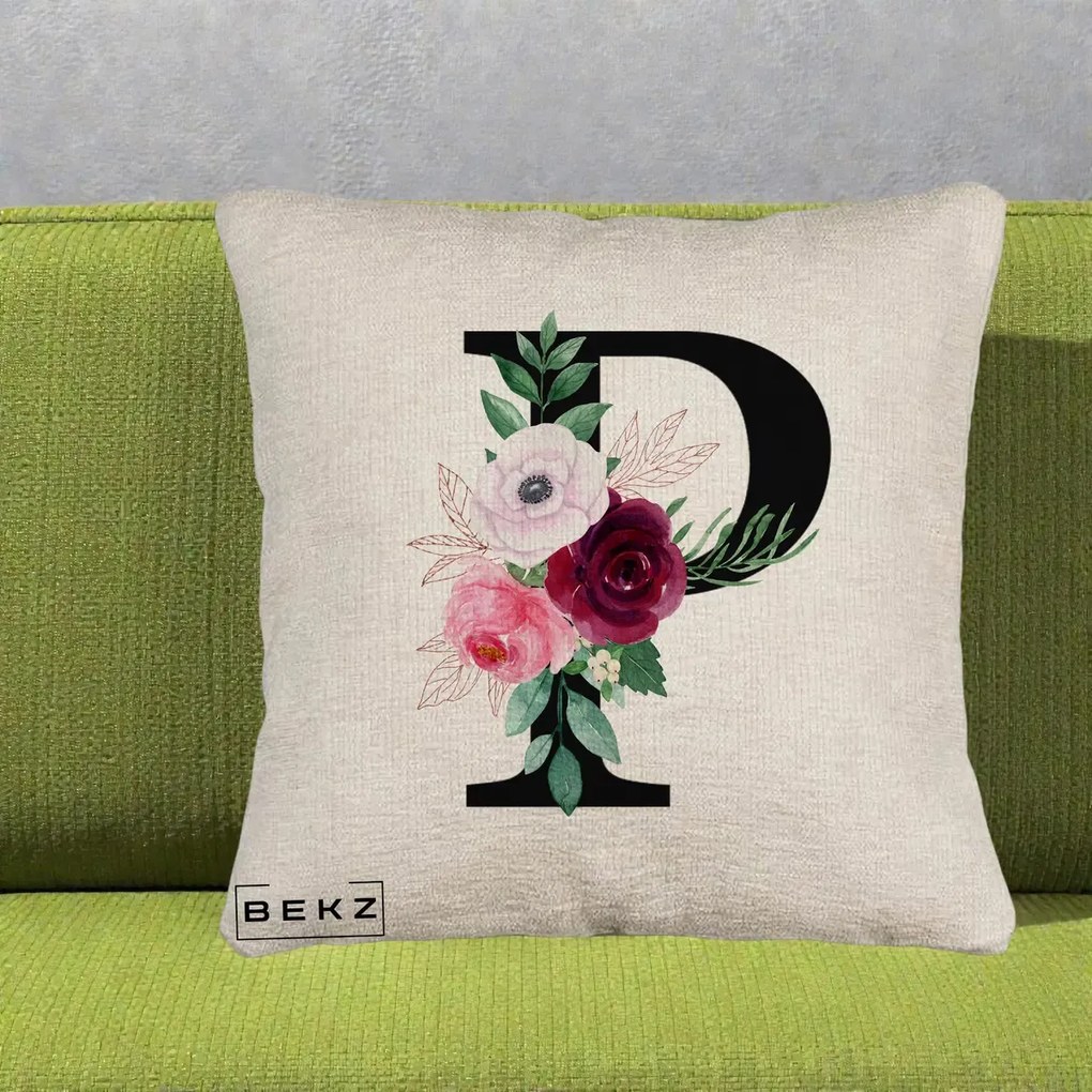 Cadou Personalizat - Perna Personalizata Monograma Florala Litera P, 40x40 cm, Bej Canapea, Husa Detasabila, Perna Inclusa, BEKZ®