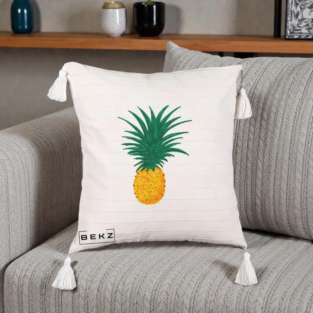 Perna Decorativa Ananas Tropical, 40x40 cm, Bej cu Franjuri, Husa Detasabila, Perna Inclusa, BEKZ®