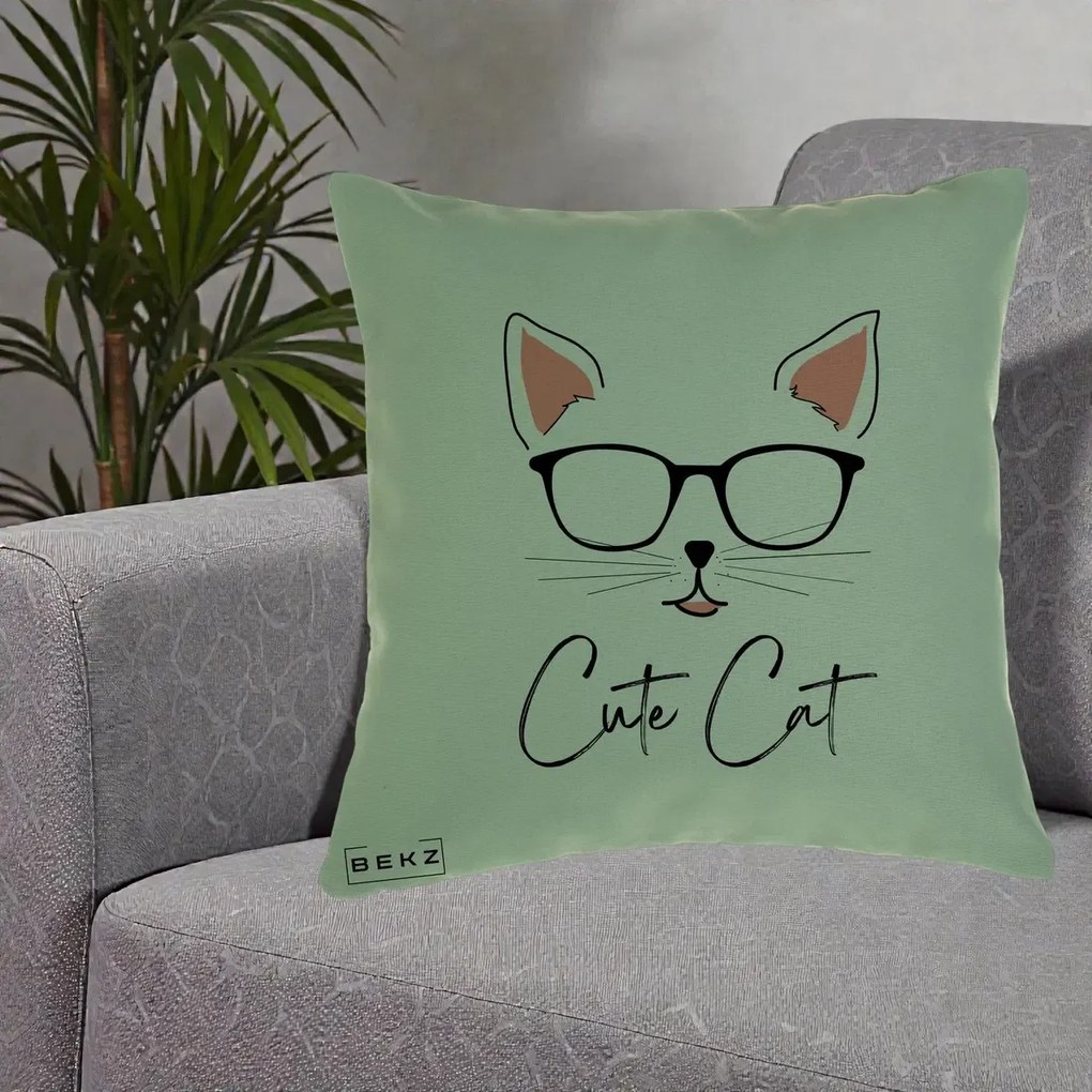 Perna Personalizata Cute Cat cu Ochelari, 40x40 cm, Verde, Husa Detasabila, Perna Inclusa, BEKZ®