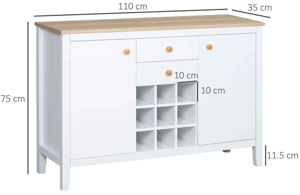 HOMCOM Bufet mobilier de depozitare cu 2 sertare, 2 uși rafturi reglabile și suport pentru sticle pentru 9 sticle, alb | Aosom Romania