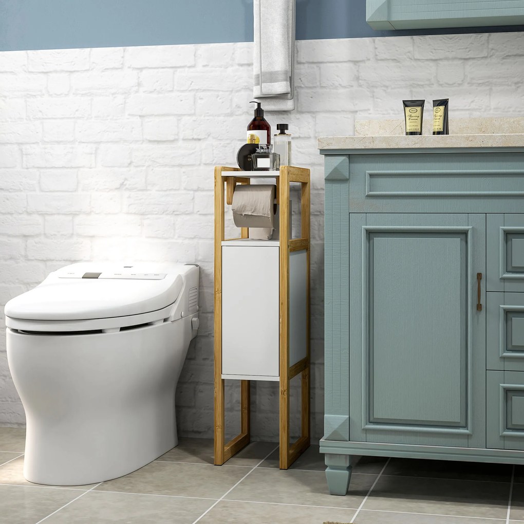 HOMCOM Mobilier de Baie cu Suport pentru Hârtie Igienică, Dulap și Raft, Dulap Compact din Bambus, 20x33x80 cm, Alb | Aosom Romania