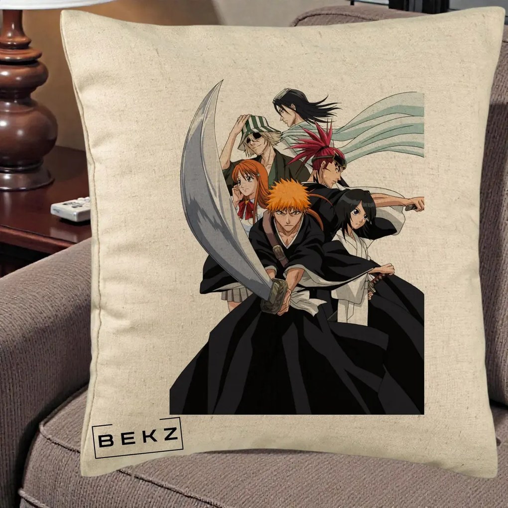 Perna Personalizata Bleach Grup Complet Ichigo si Prietenii, 40x40 cm, Bej, Husa Detasabila, Perna Inclusa, BEKZ®