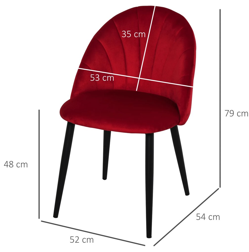 Set de 2 scaune de masa nordice tapitate fara cotiere cu spatar curbate picioare din metal pentru sufragerie rosu HOMCOM | Aosom Romania