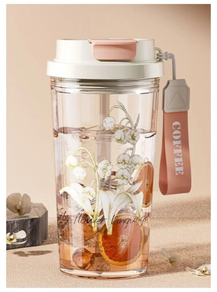 Pahar din sticlă , cu capac și pai, imprimeu floral, 550 ml, eCarla, BD29