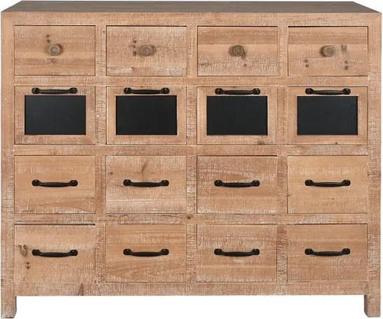 Comodă cu multe sertare, rustică, din lemn de pin, natur, cu 16 sertare, tăblițe negre și mânere metalice, 92,5 x 110 x 40 cm, „Archive”