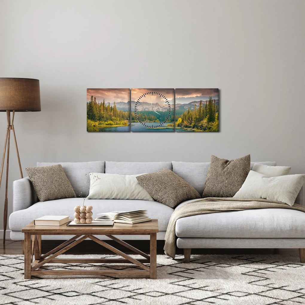 Tablou cu râu montan și munți (cu ceas) (90x30 cm)