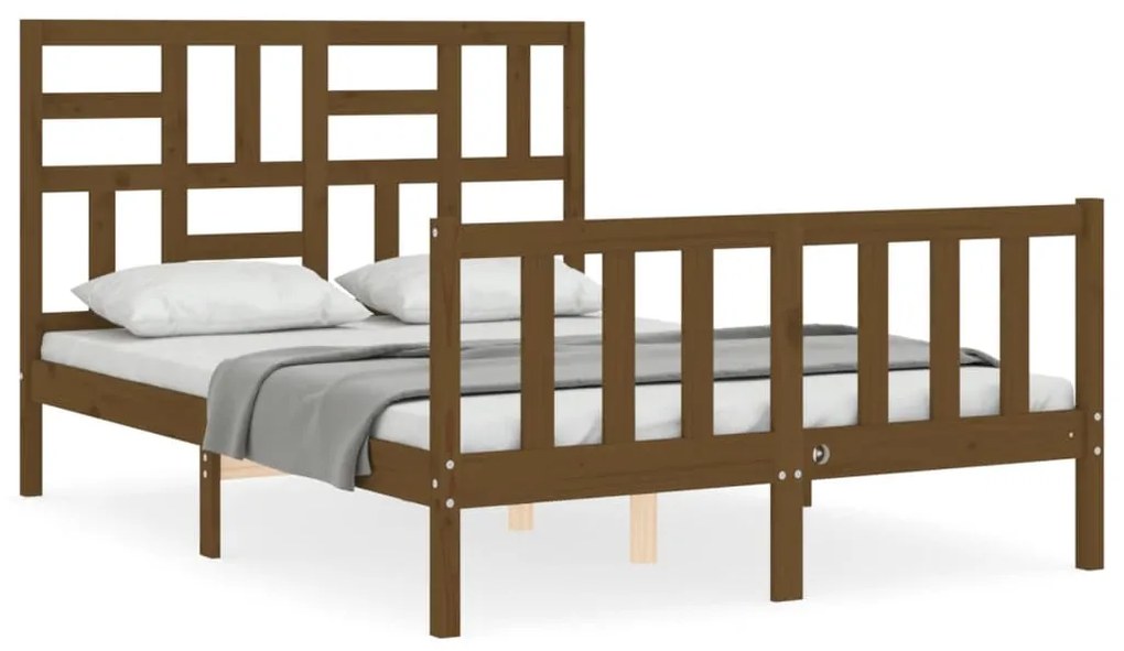 3193049 vidaXL Cadru de pat cu tăblie, dublu mic, maro miere, lemn masiv