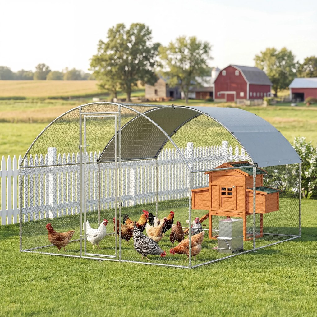 PawHut Țarc pentru Găini de Exterior, 2.8x3.4x1.9m, 9.5㎡ Țarc Metalic din Oțel Galvanizat cu Acoperiș Impermeabil Anti-UV și Încuietoare, Coteț pentru 10-16 Găini, Iepuri și Rațe | Aosom Romania