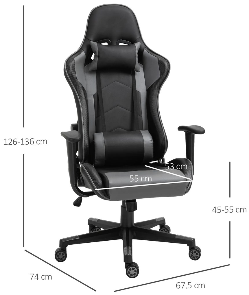 Vinsetto Fotoliu de birou ergonomic, fotoliu de gaming, fotoliu rotativ, piele artificială, spumă, Negru, 67,5 x 74 x 126-136 cm | Aosom Romania