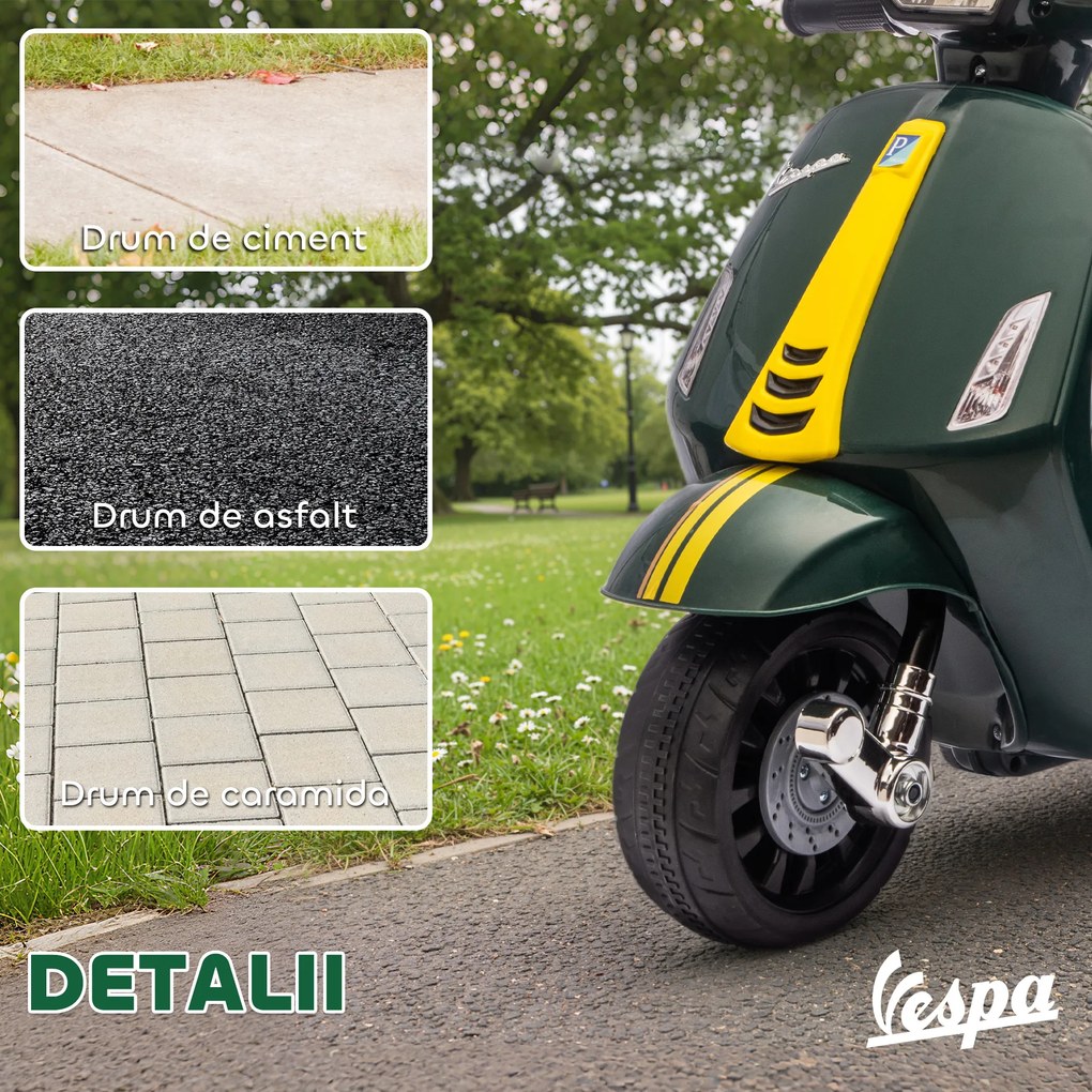 AIYAPLAY Motocicletă Electrică pentru Copii cu Licență Vespa, Baterie Reîncărcabilă 6V, Roți Laterale și Lumini, Vârsta 2-6 Ani, Verde Închis | Aosom Romania