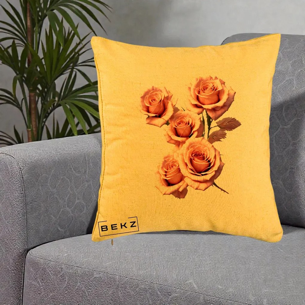 Perna Decorativa Trandafiri Roz Pastel Acuarela, 40x40 cm, Galben, Husa Detasabila, Perna Inclusa, BEKZ®