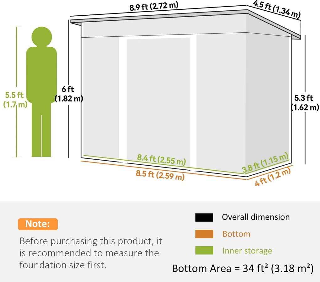Outsunny Căsuță de Grădină 3,18m² din Oțel Zincat cu 2 Guri de Aerisire, Depozit pentru Unelte cu Uși Duble Culisante, Acoperiș Înclinat, 272x134x182 cm, Verde Întunecat | Aosom Romania