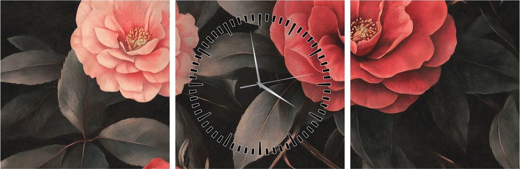 Tablou - Flori roșii pe fundal întunecat (cu ceas) (90x30 cm)