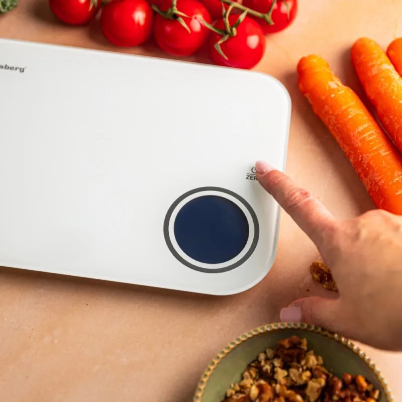 Cântar de bucătărie inteligent pentru măsurarea caloriilor Klausberg KB 7938, 5 kg, Bluetooth, aplicație mobilă, ecran LCD, funcție TARE, 4 afișaje, lichide, indicatoare, alb/albastru
