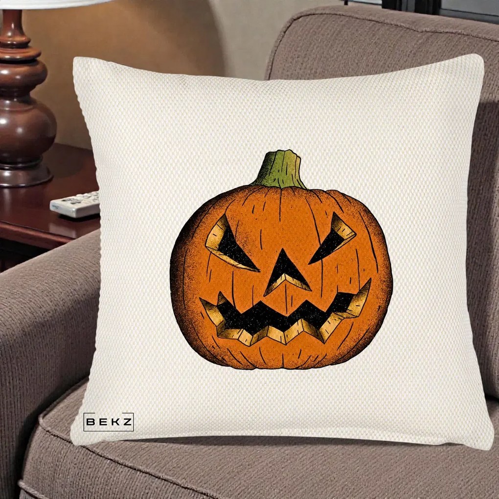 Perna Decorativa Halloween Dovleac Portocaliu Clasic, 40x40 cm, Crem Reliefat, Husa Detasabila, Perna Inclusa, BEKZ®