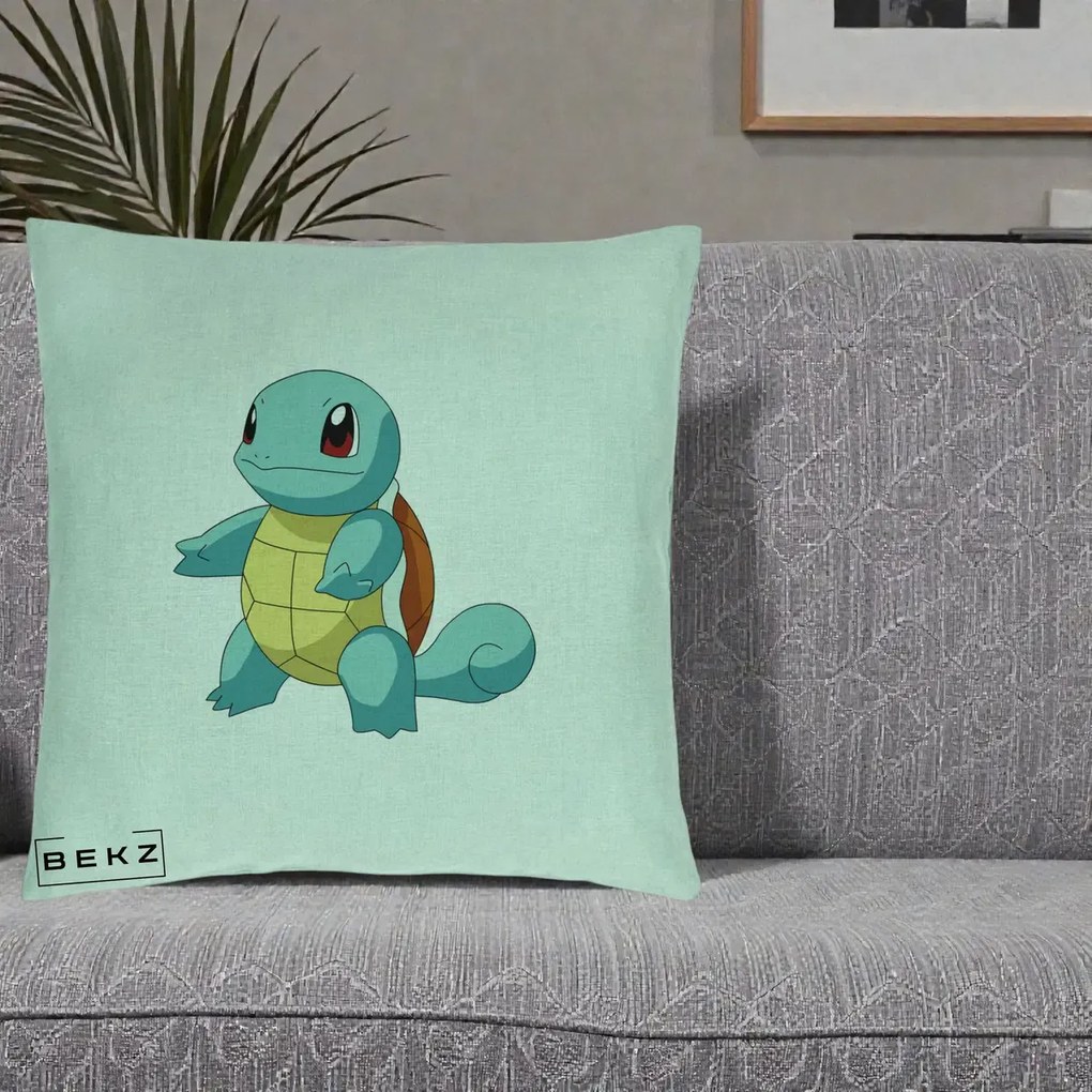 Perna Personalizata Squirtle Pokemon, 40x40 cm, Verde Menta, Husa Detasabila, Perna Inclusa, BEKZ®