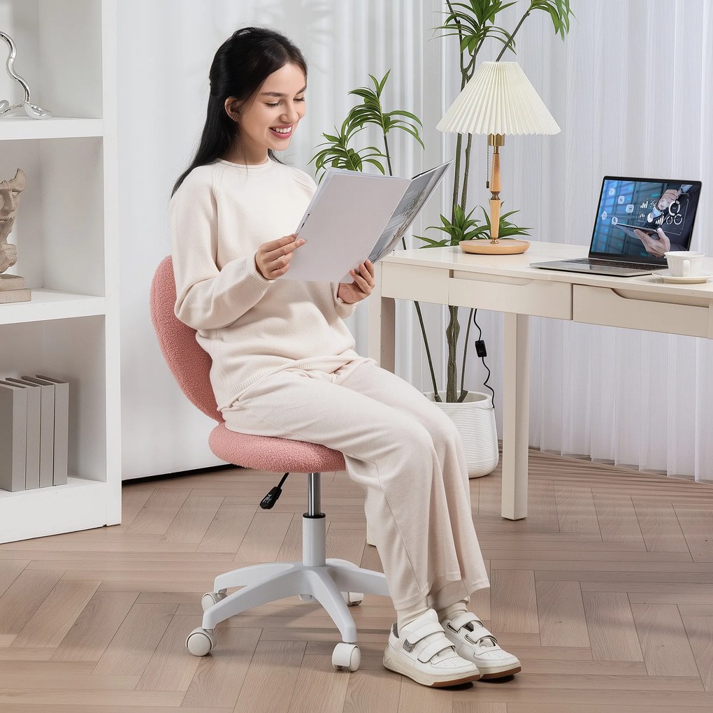 HOMCOM Scaun de Birou Rotativ cu Spătar în Formă de Inimă, Înălțime Reglabilă, Țesătură Teddy, 45x56x78-88 cm, Roz | Aosom Romania