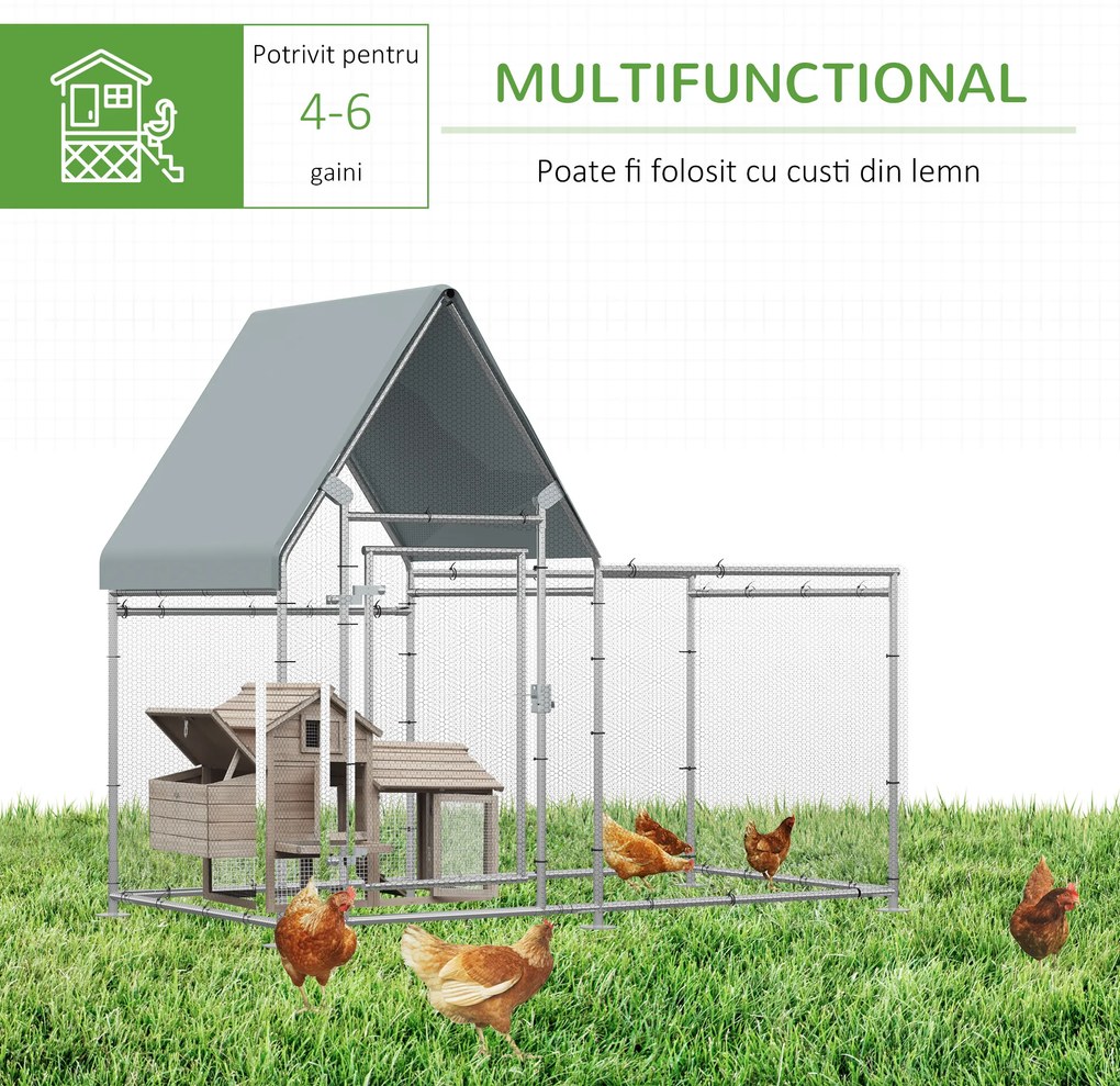 Gard pentru Gaini PawHut cu Panza de Protectie din Tesatura Oxford, Cotet pentru Pui si Iepuri din Otel Galvanizat 2x1,05x1,72 m, Argintiu