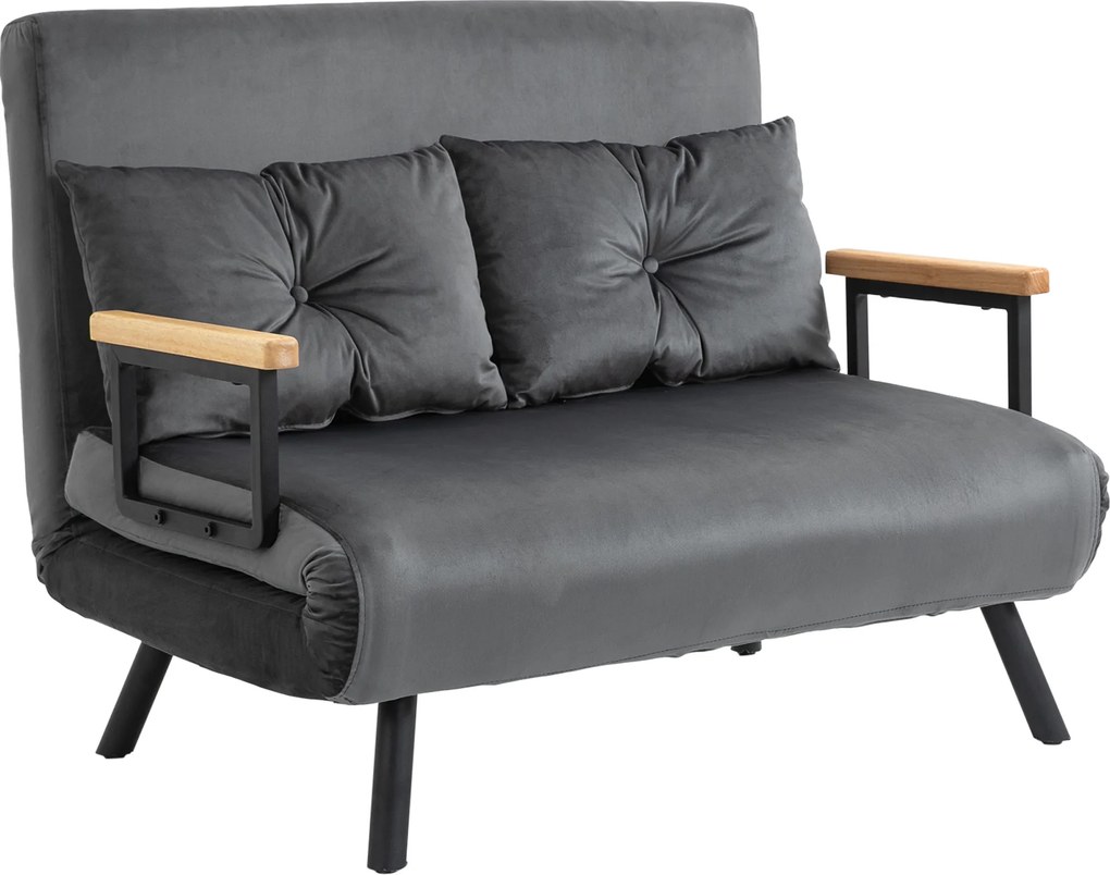 HOMCOM Canapea Pat de 2 Locuri cu Spătar Reglabil pe 5 Nivele și 2 Perne din Material Capitonat, 102x73x81 cm, Gri Închis | Aosom Romania