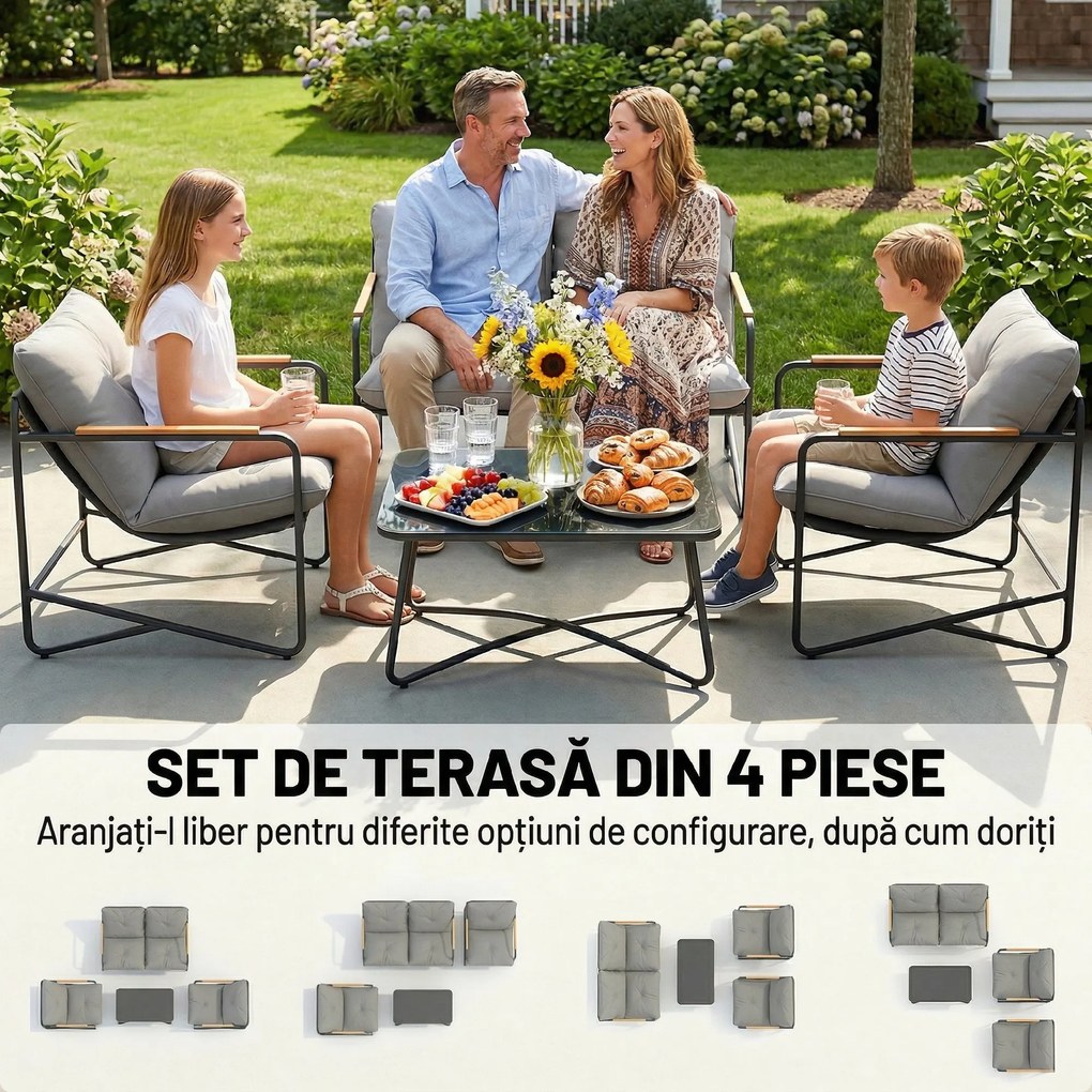 Set de Grădină Outsunny cu Canapea, 2 Fotolii și Măsuță cu Blat din Sticlă, Mobilier de Exterior cu Perne Groase, Gri Deschis | Aosom Romania