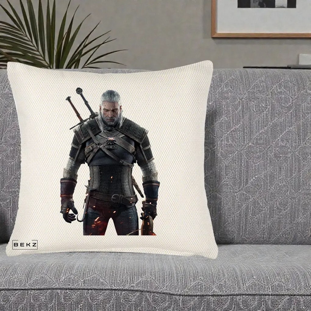 Perna Personalizata The Witcher Geralt of Rivia Portret, 40x40 cm, Crem Reliefat, Husa Detasabila, Perna Inclusa, BEKZ®