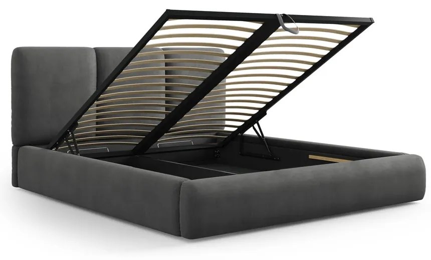 Pat matrimonial gri tapițat cu spațiu de depozitare și somieră 160x200 cm Brody – Mazzini Beds