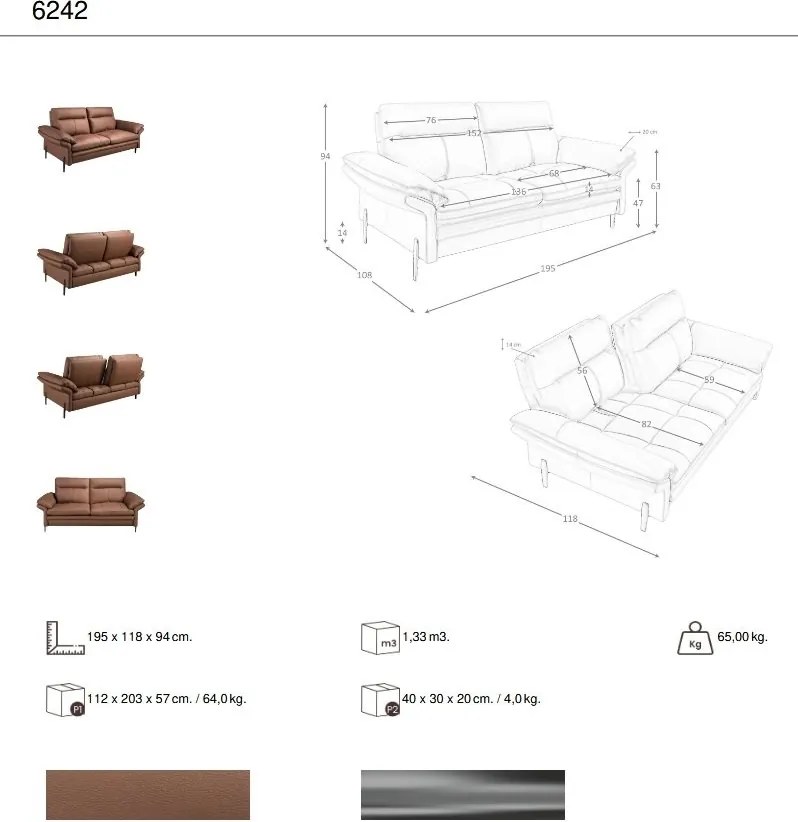 Canapea 2 locuri, tapitata cu piele naturala, spatar rabatabil Maro