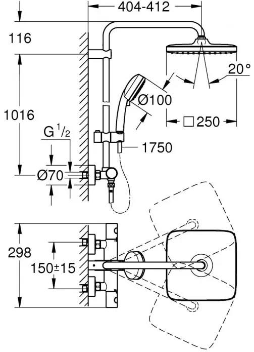 Coloana de dus cu termostat, Grohe Tempesta Cosmopolitan System 250 Cube New, cu 2 tipuri de jet, crom, 26689000