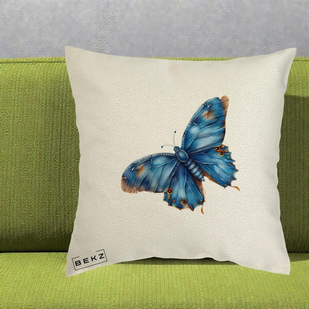 Perna Decorativa Fluture Albastru Satin cu Pete Aurii, 40x40 cm, Ecru, Husa Detasabila, Perna Inclusa, BEKZ®