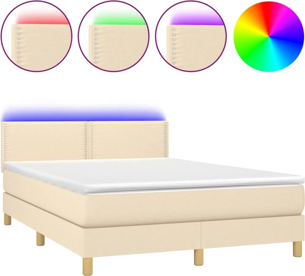 vidaXL Pat cu arcuri, saltea și LED, crem, 140x190 cm, textil