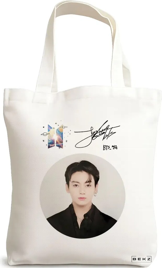 Sacosa de Panza pentru Cumparaturi, Geanta Tote, model BTS Jungkook, 38x34.5 cm, Alba, BEKZ®
