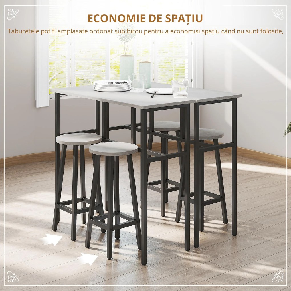 HOMCOM Set Bar Modern cu 4 Scaune și 2 Mese Înalte, PAL și Oțel, Gri, Ideal pentru Living sau Bucătărie | Aosom Romania