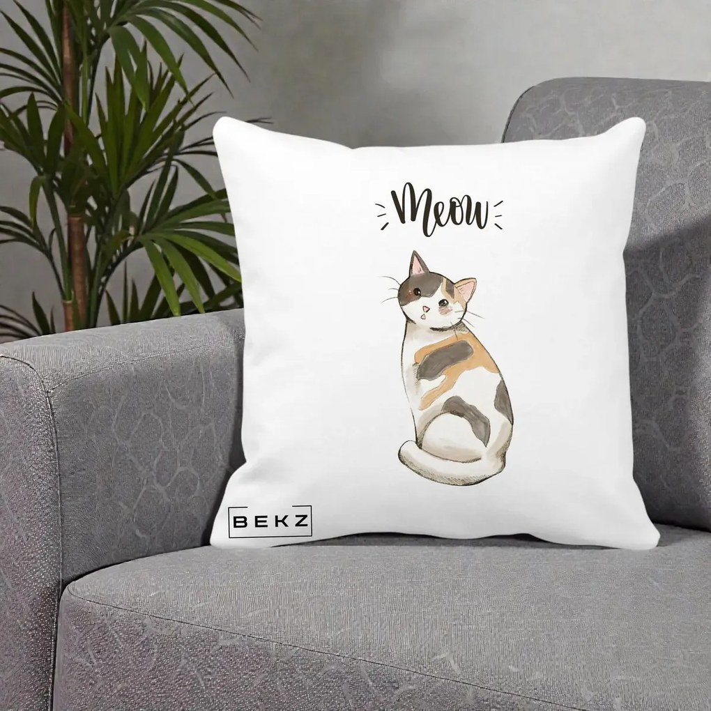Perna Personalizata Pisica Meow Acuarela, 40x40 cm, Alba Mata, Husa Detasabila, Perna Inclusa, BEKZ®