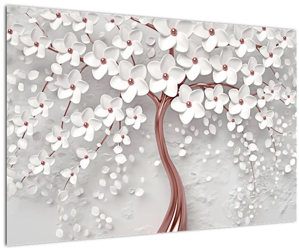 Tablou - Imaginea copacului alb cu flori albe, rosegold (90x60 cm)