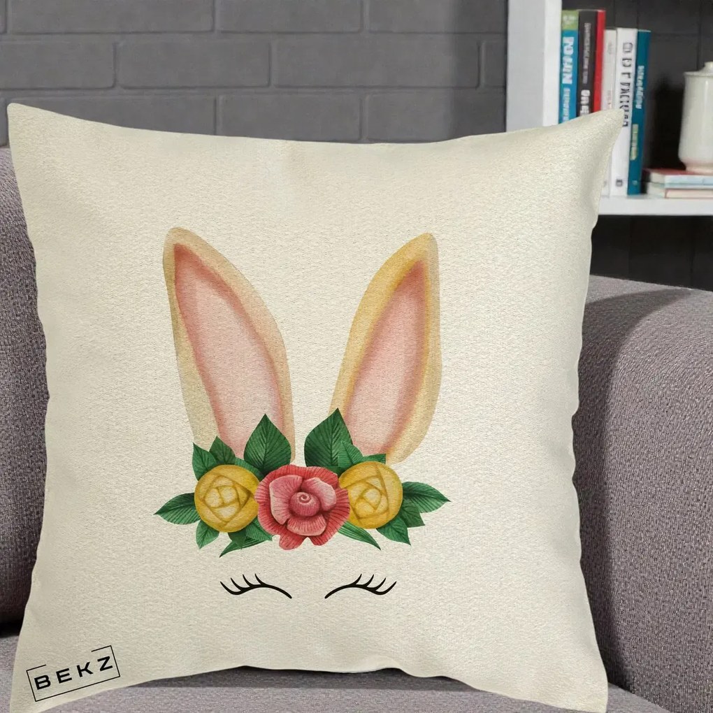 Perna Decorativa Iepuras Flori Urechi Pastelui, 40x40 cm, Ecru, Husa Detasabila, Perna Inclusa, BEKZ®