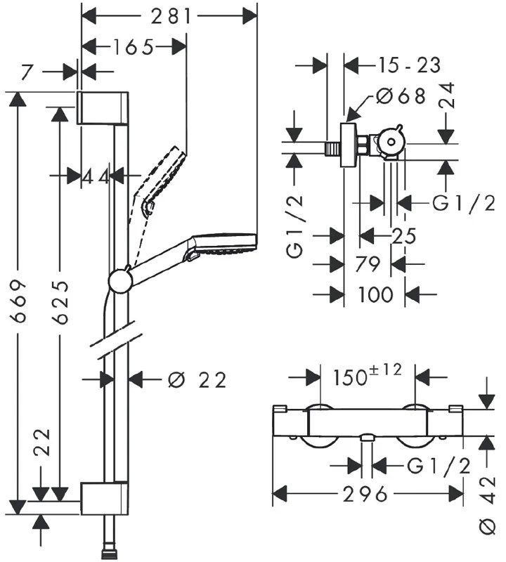 Set de dus cu bara de dus 65 cm, Hansgrohe, Crometta, baterie de dus Ecostat 1001 CL, crom