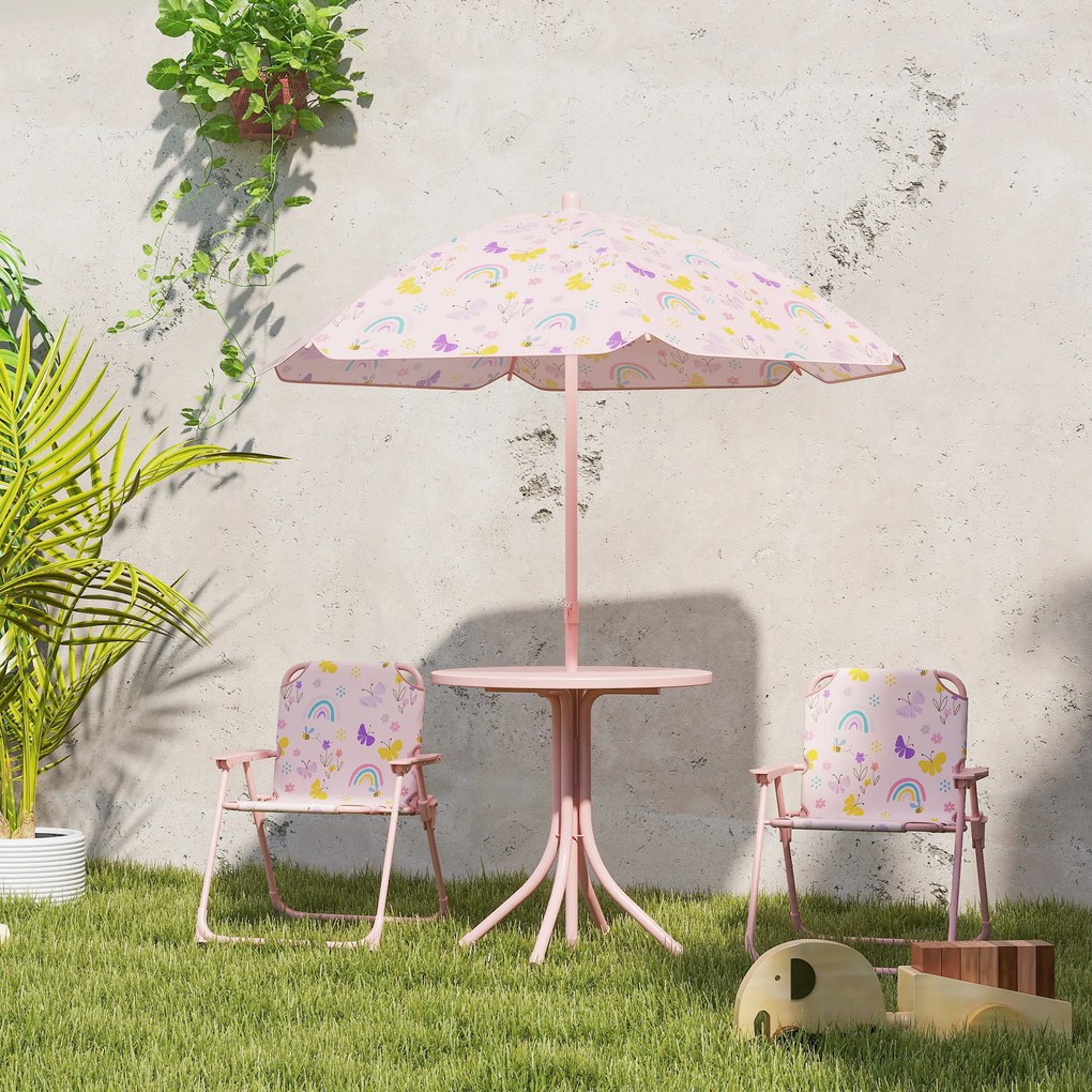 AIYAPLAY Set de Mobilier de Grădină din 4 Piese cu Masă, Scaune și Umbrelă de Soare Reglabilă, 50xΦ49,5 cm, Roz | Aosom Romania