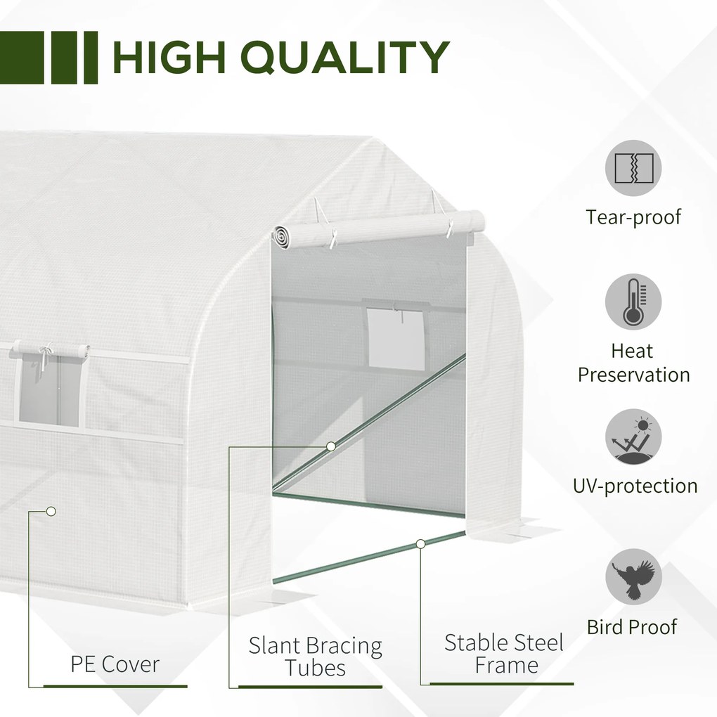 Outsunny Sera de Grădină Spațioasă, cu 8 Ferestre și Ușă Enrolabilă, Include Țăruși și Frânghii, 6x3x2m, Oțel și PP, Verde | Aosom Romania