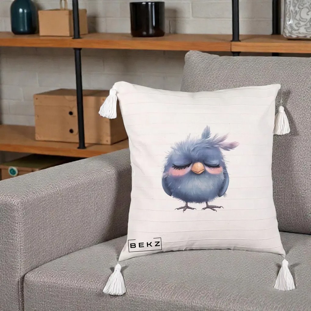 Perna Decorativa Pui Adormit Albastru, 40x40 cm, Bej cu Franjuri, Husa Detasabila, Perna Inclusa, BEKZ®