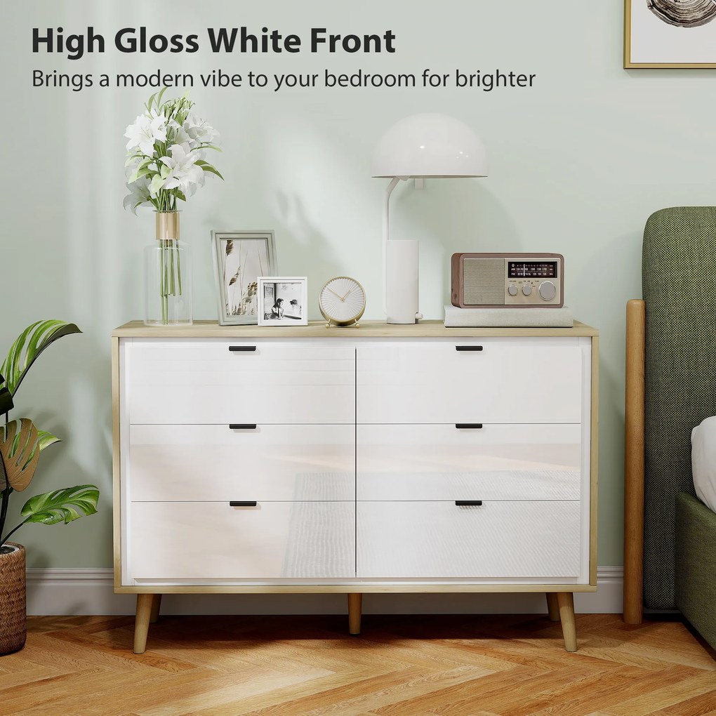 HOMCOM Comodă cu 6 Sertare din Lemn 110x40x75 cm Alb Lucios și Stejar | Aosom Romania