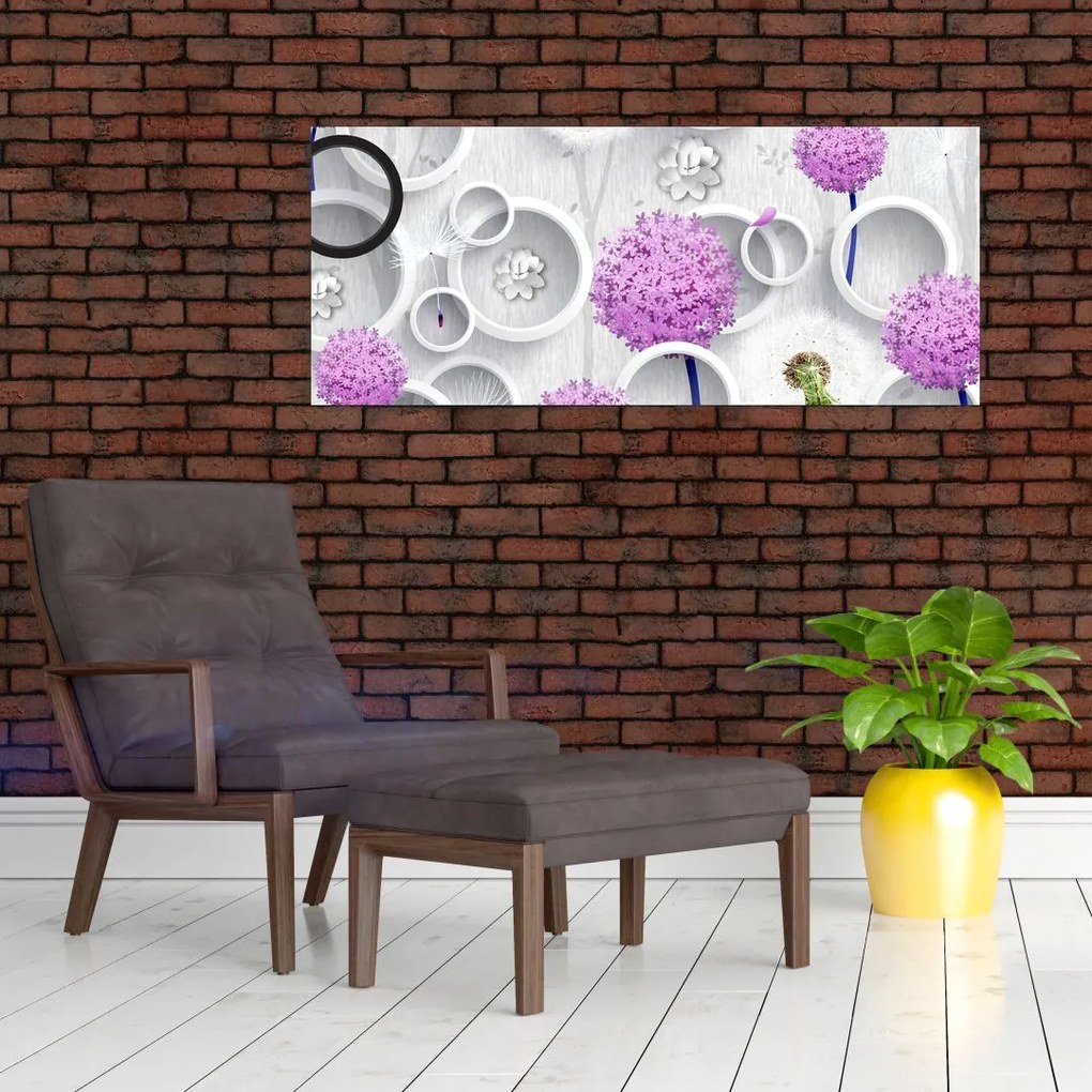 Tablou cu abstracție 3D cu cercuri și flori (120x50 cm)