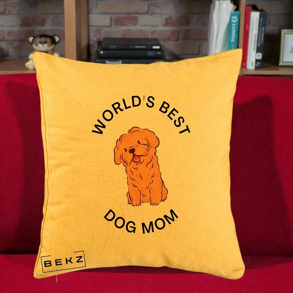 Cadou pentru Iubitorii de Caini - Perna Personalizata World's Best Dog Mom, 40x40 cm, Galben, Husa Detasabila, Perna Inclusa, BEKZ®