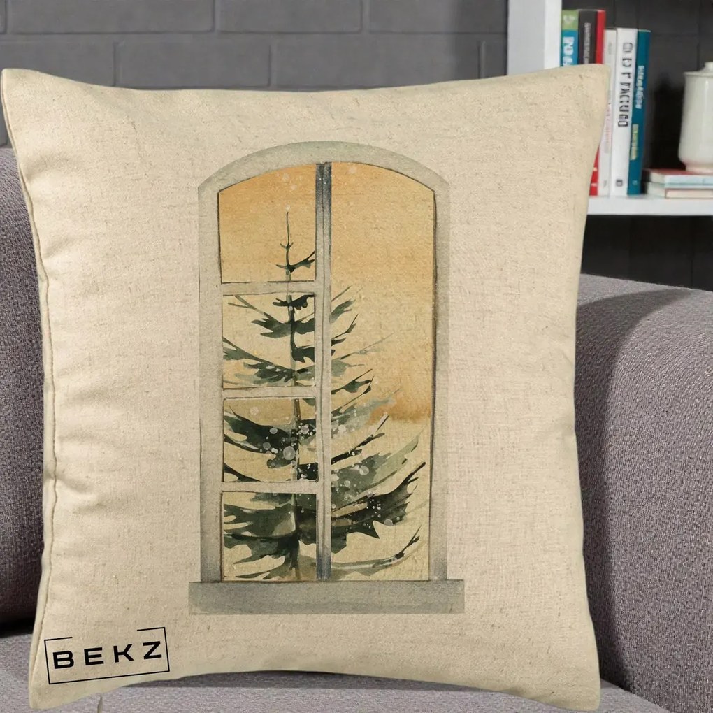 Perna Decorativa Fereastra cu Brad de Iarna, 40x40 cm, Bej, Husa Detasabila, Perna Inclusa, BEKZ®