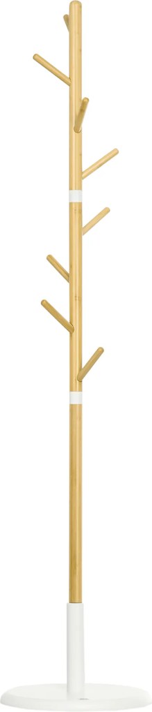 HOMCOM Cuier Vertical cu 8 Cârlige cu Bază Rotundă din Bambus, Lemn și Metal, Ø37,8x175,6 cm, Lemn Natural | Aosom Romania