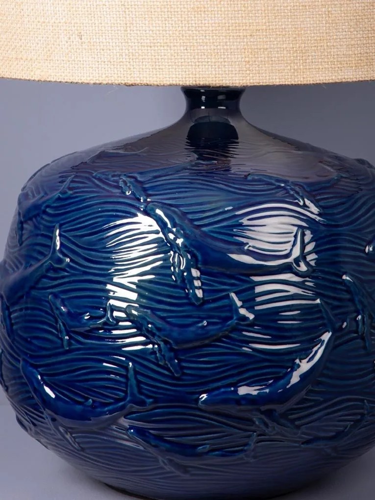 Lampă de masă din iută naturală, cu structură din ceramică albastră, finisaj lucios, 70×50 cm, „Azula"