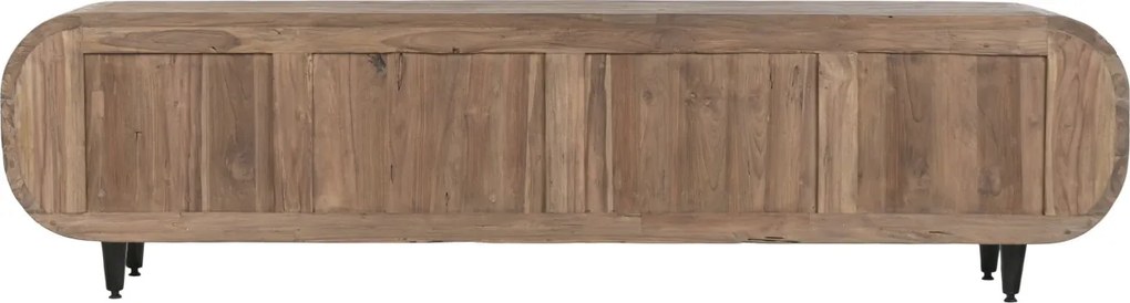 Comodă TV lungă din lemn de tec reciclat, maro, cu 4 sertare și picioare metalice, aspect rustic, 50 x 200 x 45 cm, „Granville”