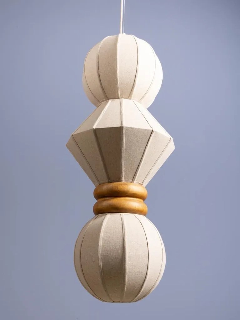 Lustra suspendată din bumbac și in, natur, cu structură din lemn, formă geometrică, 95x38 cm, „Lumea"