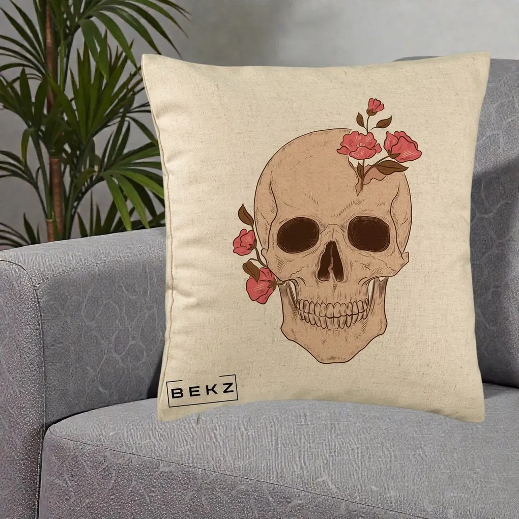 Perna Decorativa Craniu Floral Gothic, 40x40 cm, Bej, Husa Detasabila, Perna Inclusa, BEKZ®